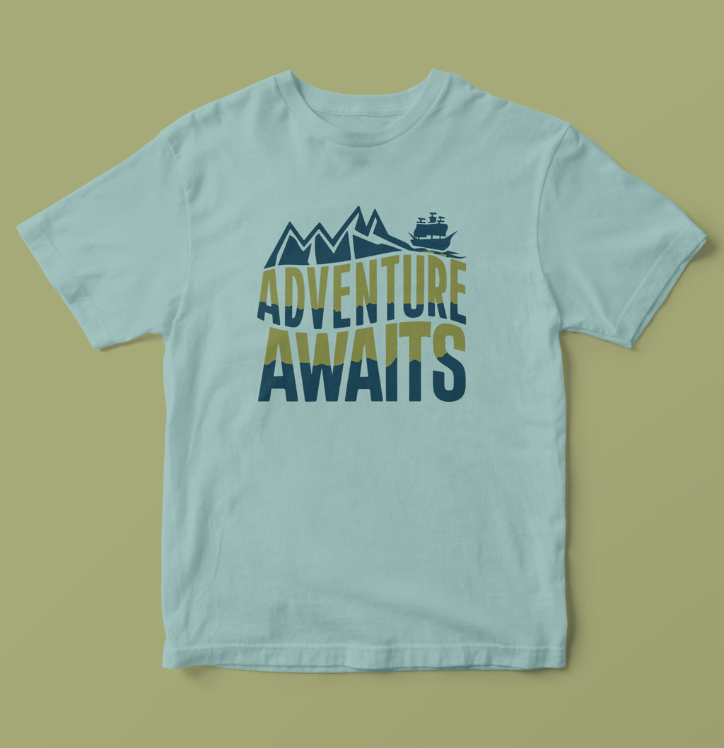 Adventure Awaits Mountain & Ship Graphic T-Shirt