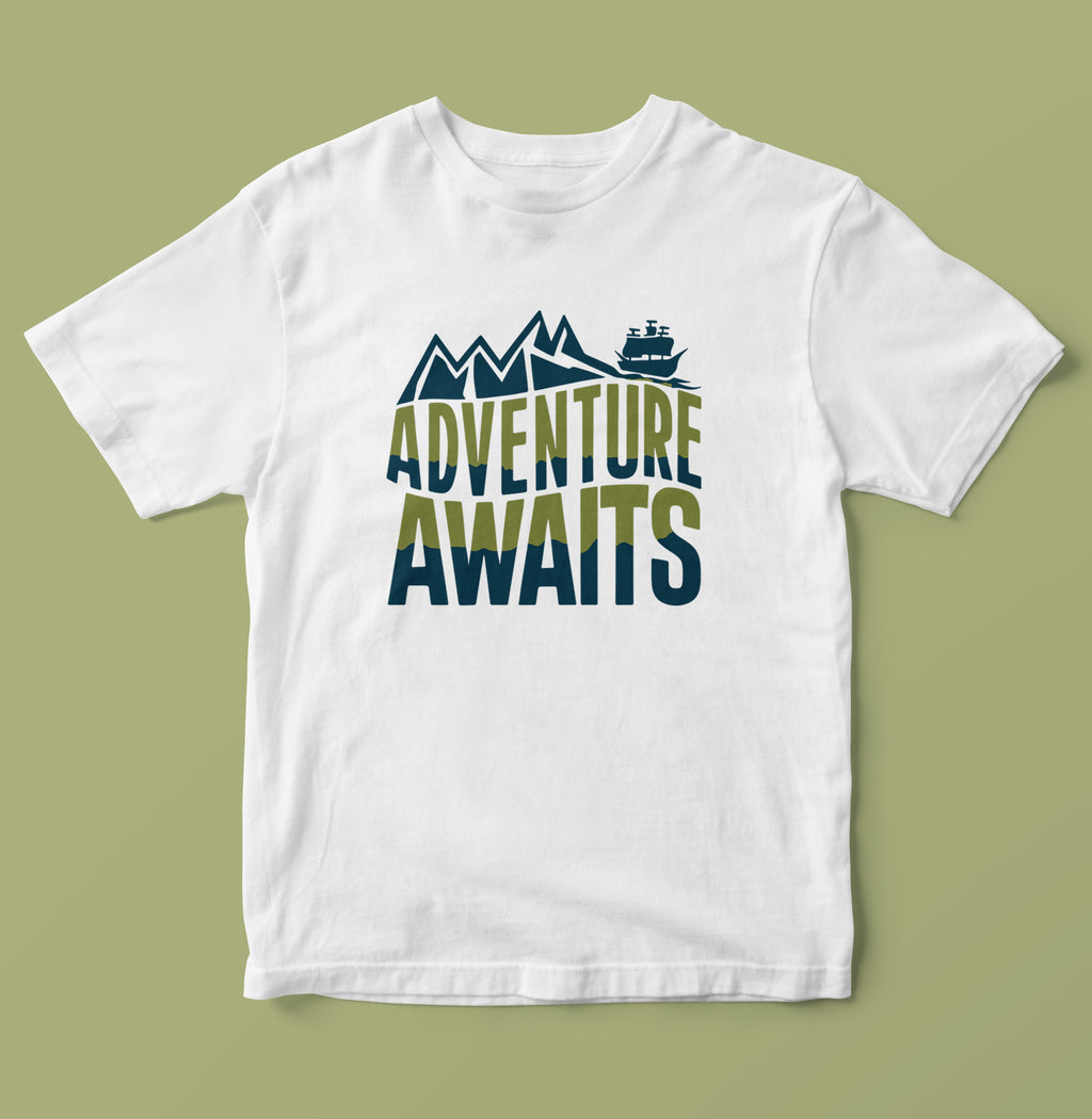 Adventure Awaits Mountain & Ship Graphic T-Shirt